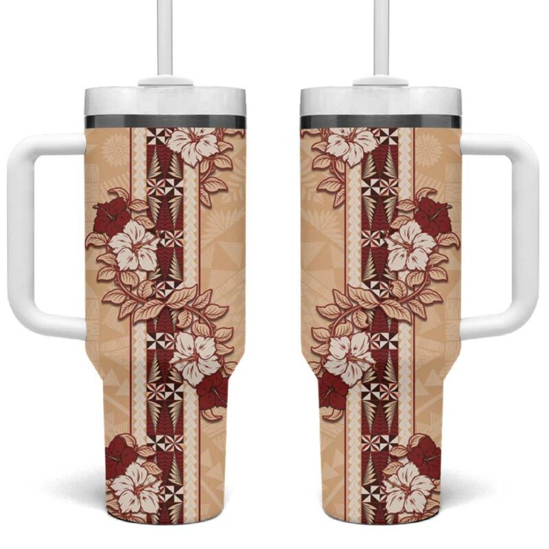 Tonga Language Week Hibiscus Tongan Ngatu Custom Stanley Quencher 40oz Stainless Steel Tumbler With Handle - Threewoofs