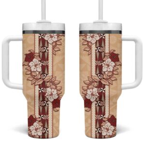 Tonga Language Week Hibiscus Tongan Ngatu Custom Stanley Quencher 40oz Stainless Steel Tumbler With Handle - Threewoofs