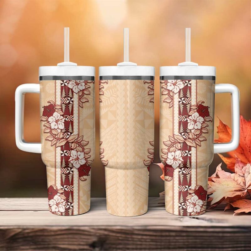 Tonga Language Week Hibiscus Tongan Ngatu Custom Stanley Quencher 40oz Stainless Steel Tumbler With Handle - Threewoofs - Image 4