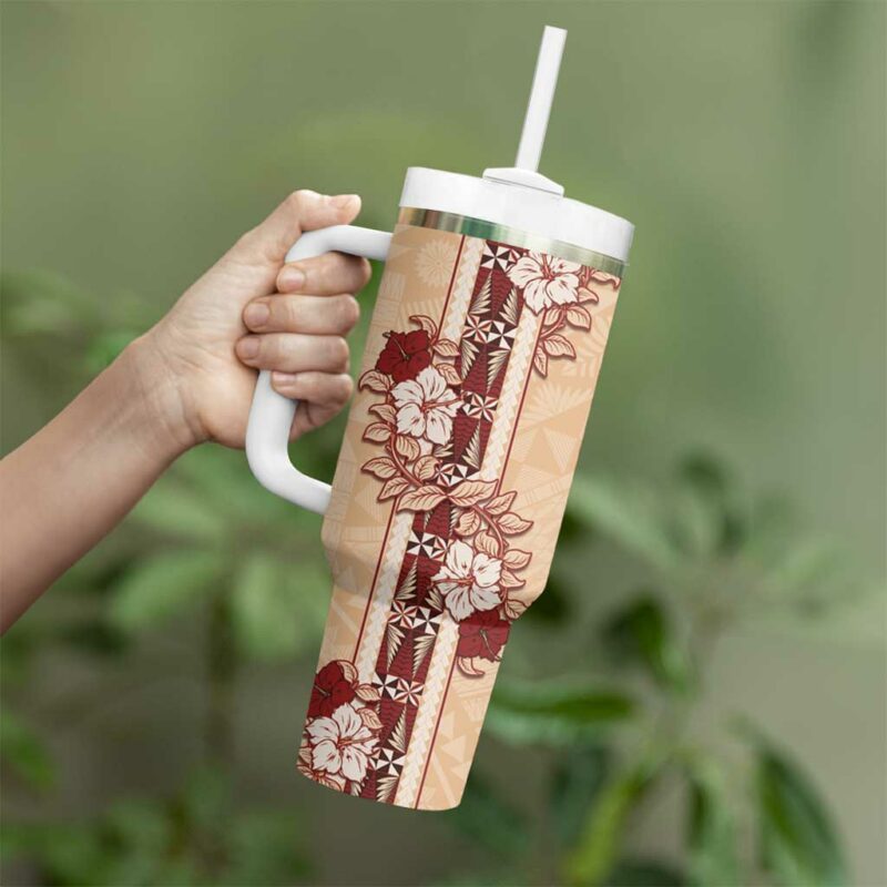 Tonga Language Week Hibiscus Tongan Ngatu Custom Stanley Quencher 40oz Stainless Steel Tumbler With Handle - Threewoofs - Image 3