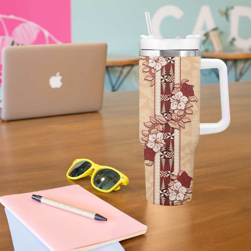 Tonga Language Week Hibiscus Tongan Ngatu Custom Stanley Quencher 40oz Stainless Steel Tumbler With Handle - Threewoofs - Image 5