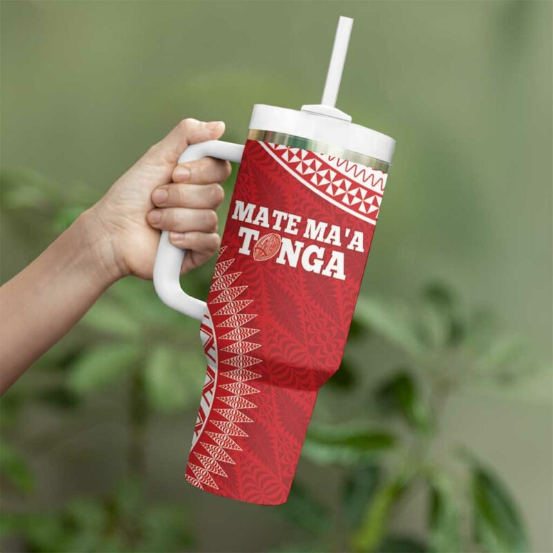 Tonga Mate Maa Go Champions Tongan Ngatu Red Custom Stanley Quencher 40oz Stainless Steel Tumbler With Handle - Threewoofs - Image 3