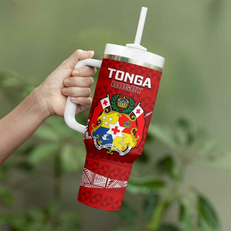 Tonga Rugby Ikale Tahi Tongan Ngatu Custom Stanley Quencher 40oz Stainless Steel Tumbler With Handle - Threewoofs - Image 3