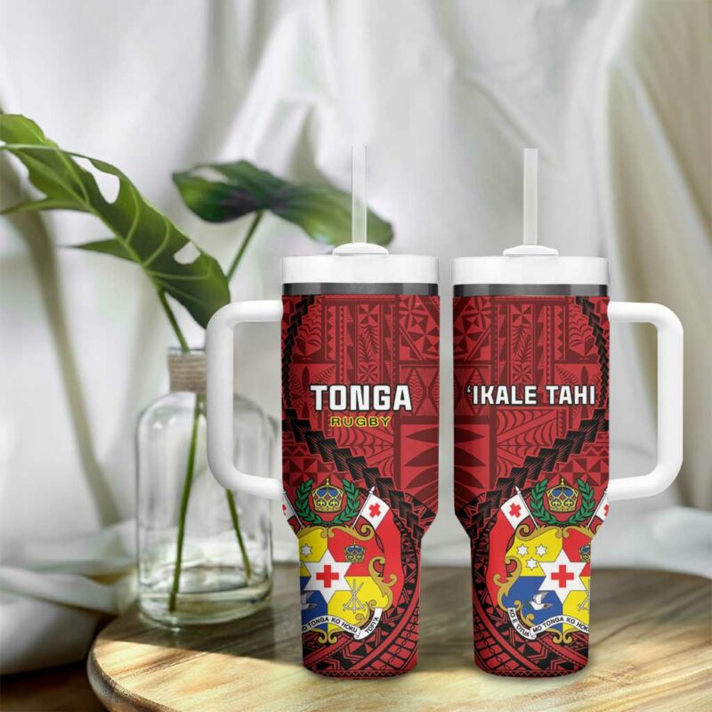 Tonga Rugby Tongan Ngatu Black Custom Stanley Quencher 40oz Stainless Steel Tumbler With Handle - Threewoofs - Image 9