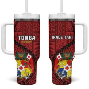 Tonga Rugby Tongan Ngatu Black Custom Stanley Quencher 40oz Stainless Steel Tumbler With Handle - Threewoofs