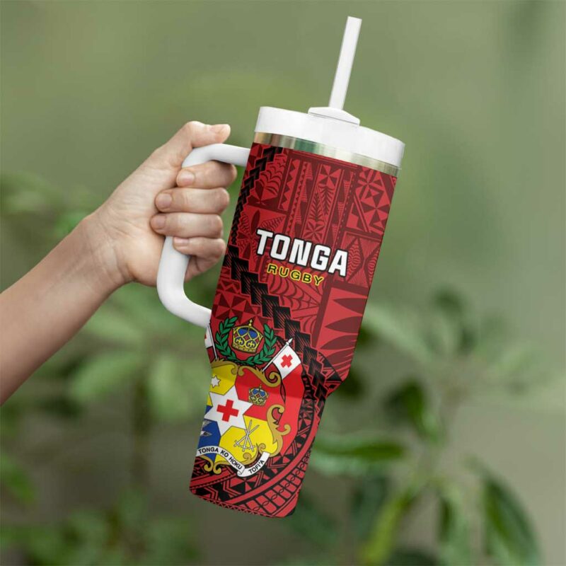 Tonga Rugby Tongan Ngatu Black Custom Stanley Quencher 40oz Stainless Steel Tumbler With Handle - Threewoofs - Image 3