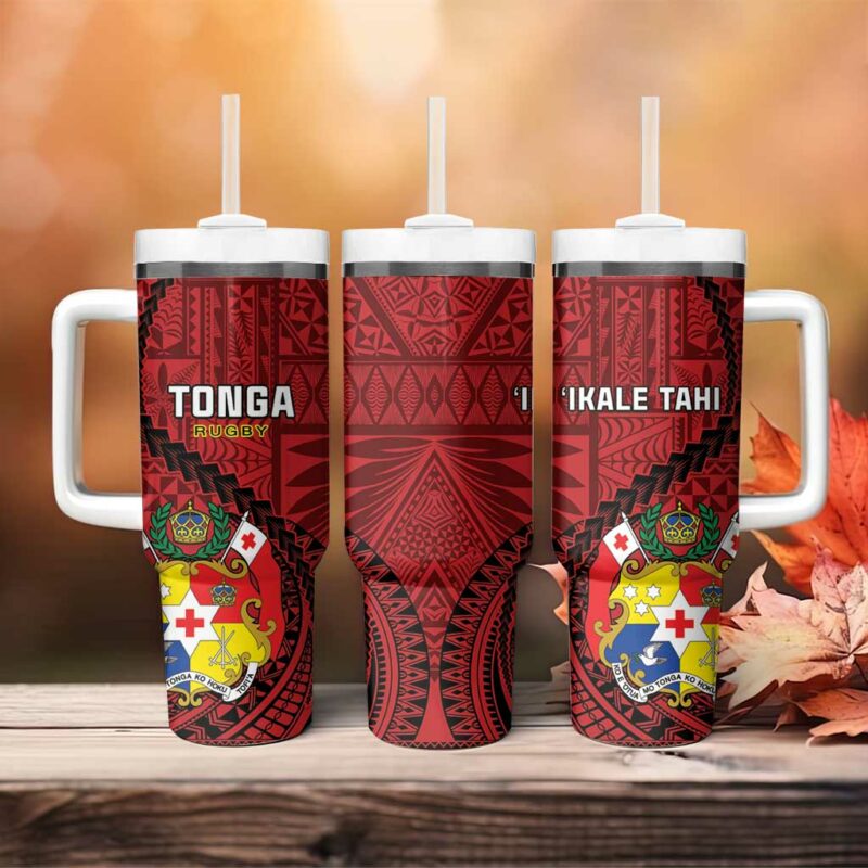 Tonga Rugby Tongan Ngatu Black Custom Stanley Quencher 40oz Stainless Steel Tumbler With Handle - Threewoofs - Image 4