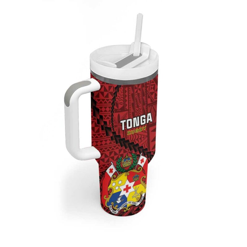 Tonga Rugby Tongan Ngatu Black Custom Stanley Quencher 40oz Stainless Steel Tumbler With Handle - Threewoofs - Image 2