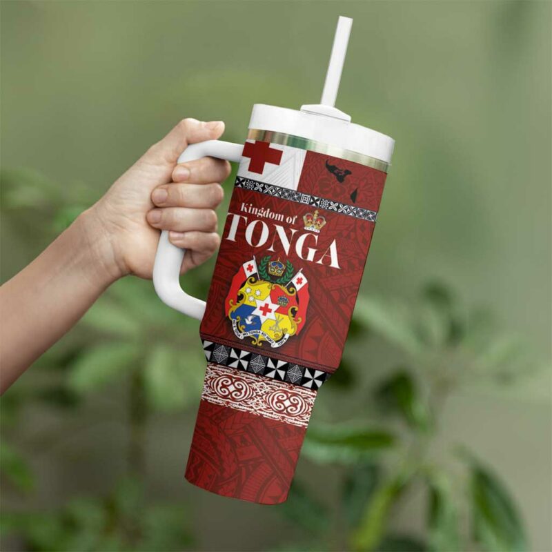 Tongan Culture Ngatu Art Tattoo and Emblem of Tonga Custom Stanley Quencher 40oz Stainless Steel Tumbler With Handle - Threewoofs - Image 3