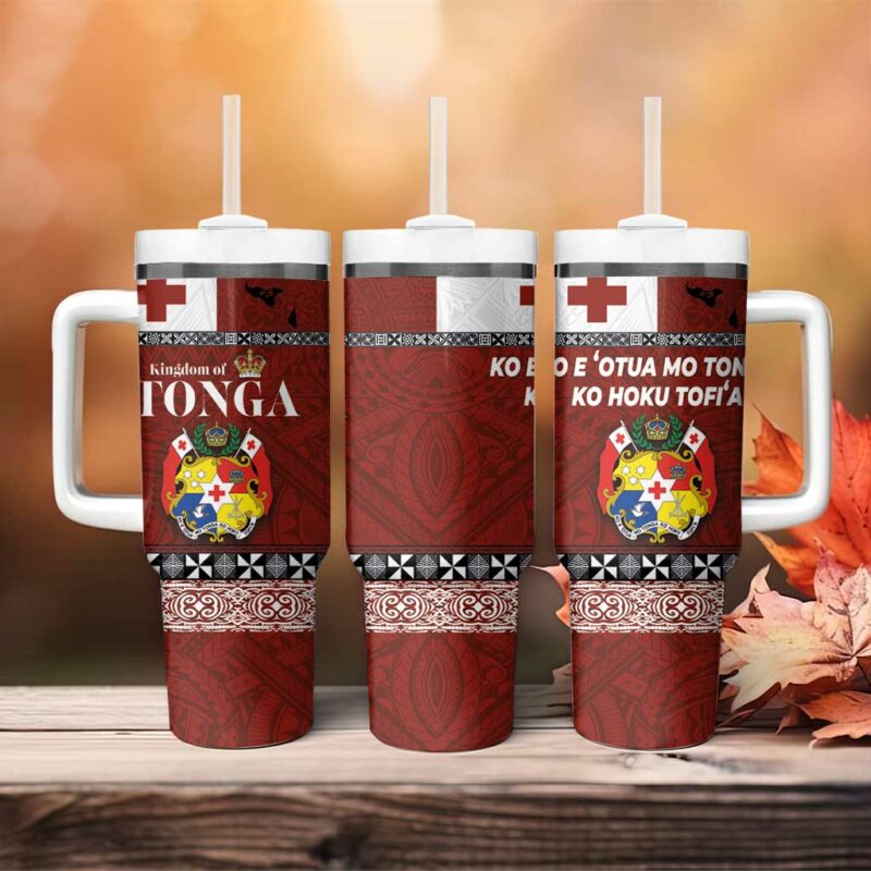 Tongan Culture Ngatu Art Tattoo and Emblem of Tonga Custom Stanley Quencher 40oz Stainless Steel Tumbler With Handle - Threewoofs - Image 4