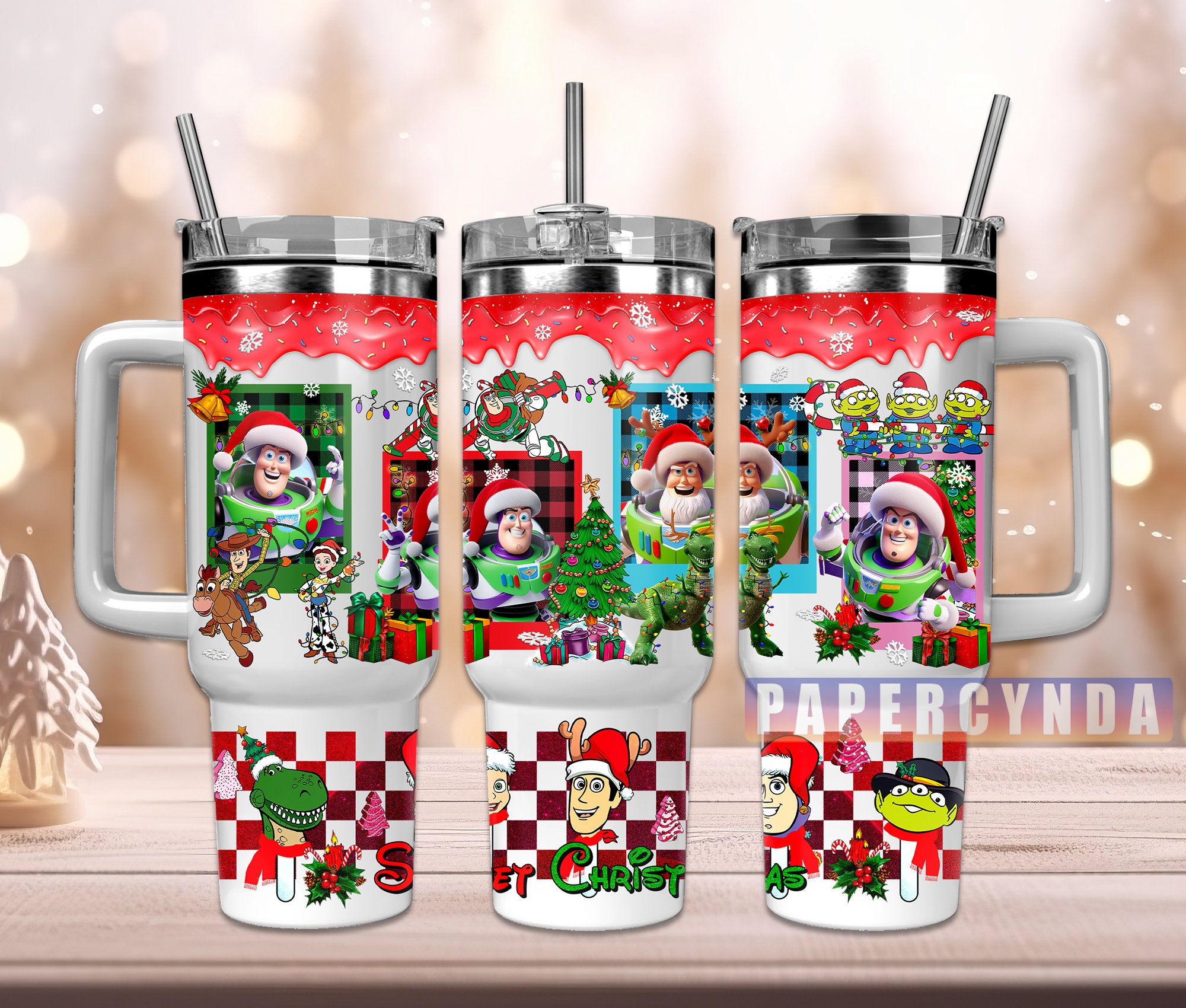 Festive Holiday Tumbler with Handle - Christmas Cartoon Design