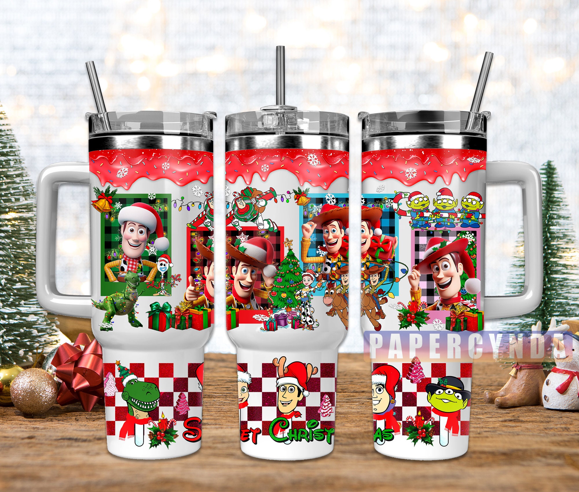 Festive Holiday Cartoon-Themed Insulated Travel Mug with Straw & Handle