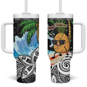 Tropical Christmas Polynesian Funny Surfing Pineapple Custom Stanley Quencher 40oz Stainless Steel Tumbler With Handle - Threewoofs