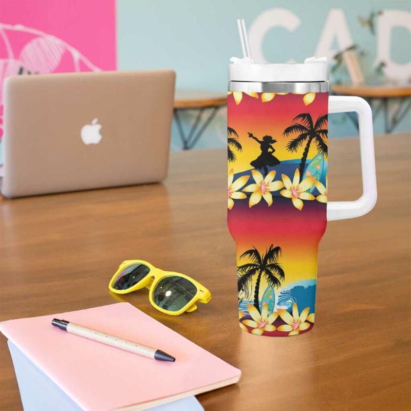 Tropical Islands Sunset Hawaii Go Surfing With Hula Girl Summer Custom Stanley Quencher 40oz Stainless Steel Tumbler With Handle - Threewoofs - Image 5