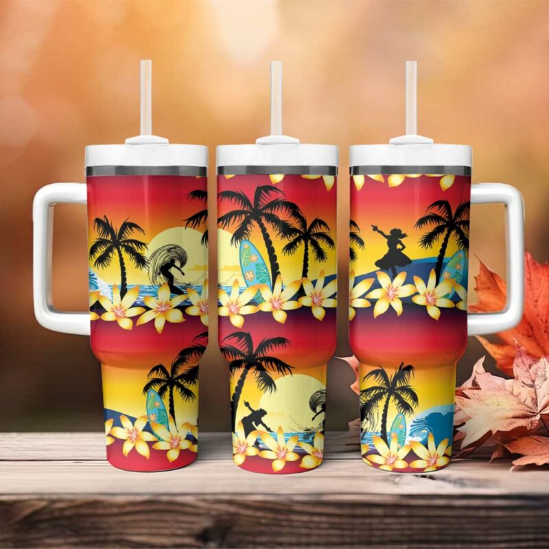 Tropical Islands Sunset Hawaii Go Surfing With Hula Girl Summer Custom Stanley Quencher 40oz Stainless Steel Tumbler With Handle - Threewoofs - Image 4