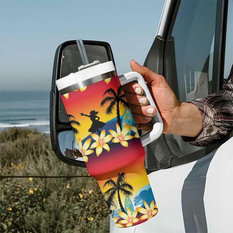 Tropical Islands Sunset Hawaii Go Surfing With Hula Girl Summer Custom Stanley Quencher 40oz Stainless Steel Tumbler With Handle - Threewoofs - Image 7