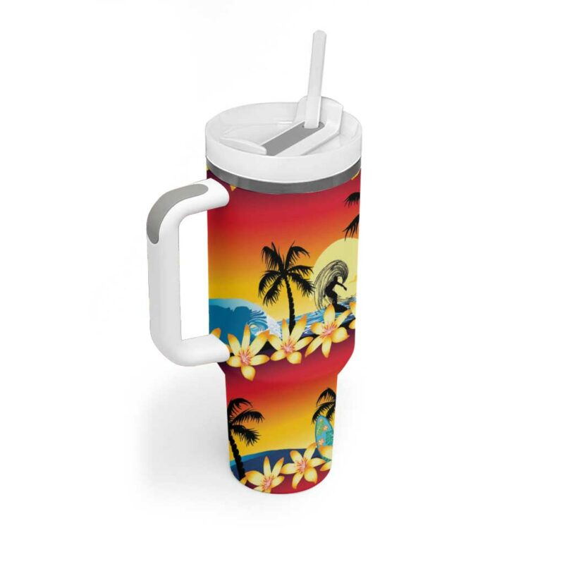 Tropical Islands Sunset Hawaii Go Surfing With Hula Girl Summer Custom Stanley Quencher 40oz Stainless Steel Tumbler With Handle - Threewoofs - Image 2