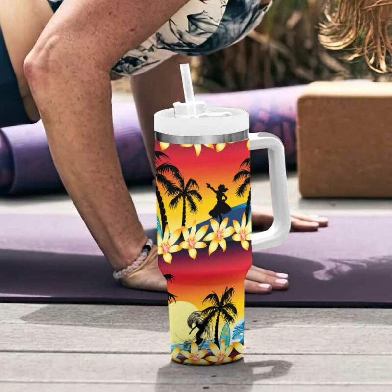 Tropical Islands Sunset Hawaii Go Surfing With Hula Girl Summer Custom Stanley Quencher 40oz Stainless Steel Tumbler With Handle - Threewoofs - Image 6
