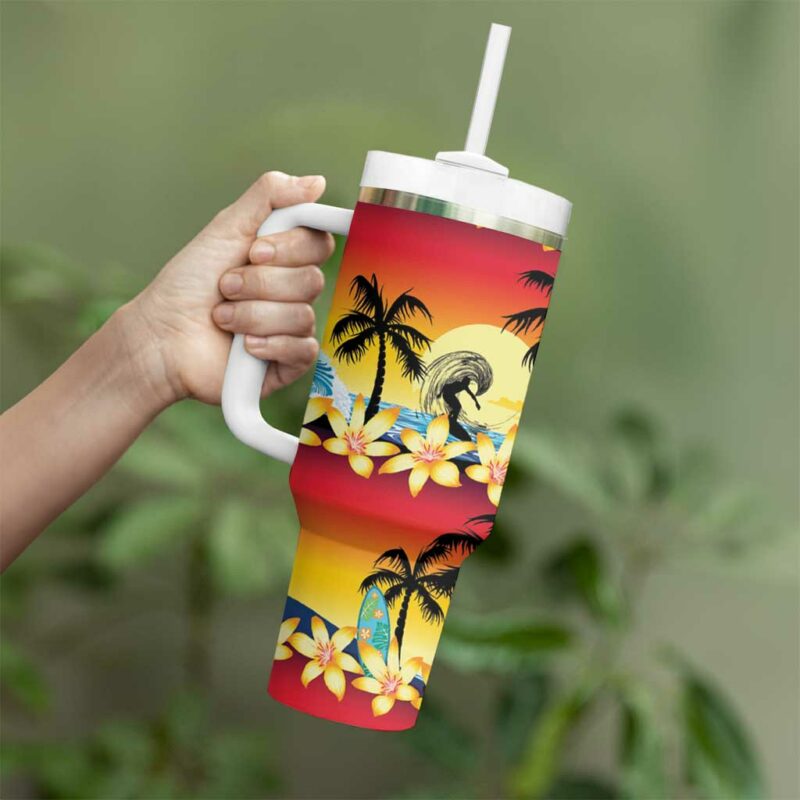 Tropical Islands Sunset Hawaii Go Surfing With Hula Girl Summer Custom Stanley Quencher 40oz Stainless Steel Tumbler With Handle - Threewoofs - Image 3