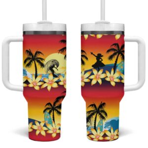 Tropical Islands Sunset Hawaii Go Surfing With Hula Girl Summer Custom Stanley Quencher 40oz Stainless Steel Tumbler With Handle - Threewoofs