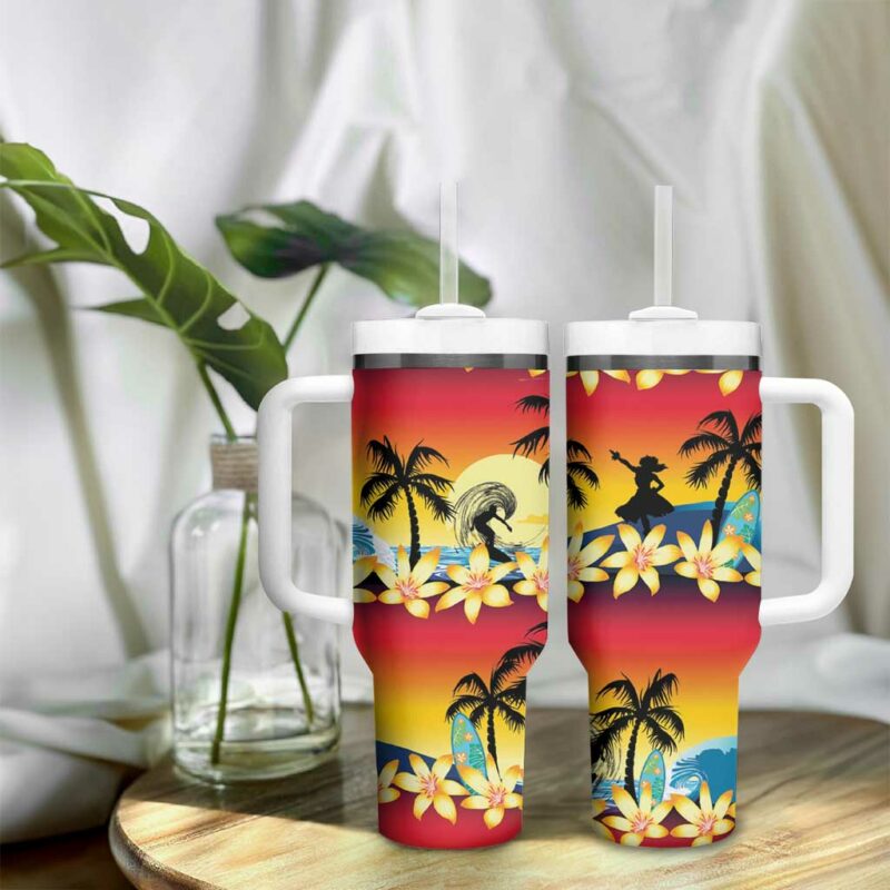 Tropical Islands Sunset Hawaii Go Surfing With Hula Girl Summer Custom Stanley Quencher 40oz Stainless Steel Tumbler With Handle - Threewoofs - Image 9