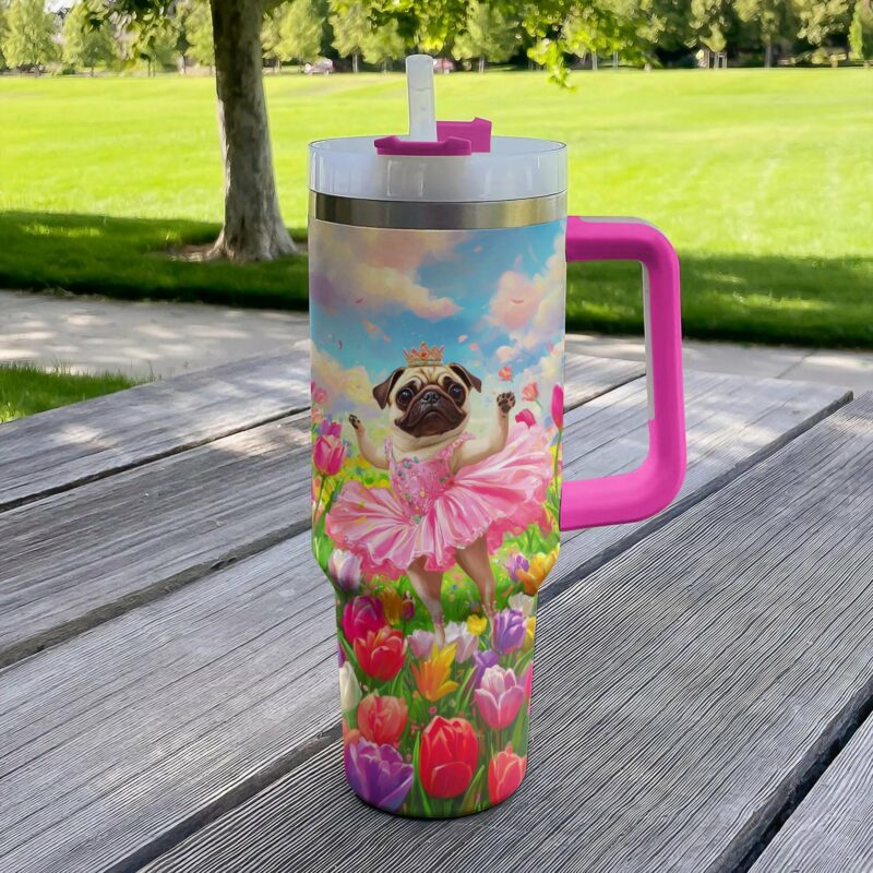 Tulip Pug Dog Ballerina Custom Stanley Quencher 40oz Stainless Steel Tumbler With Handle - Threewoofs - Image 3