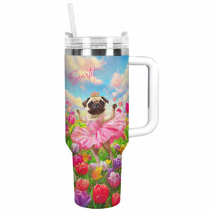 Tulip Pug Dog Ballerina Custom Stanley Quencher 40oz Stainless Steel Tumbler With Handle - Threewoofs
