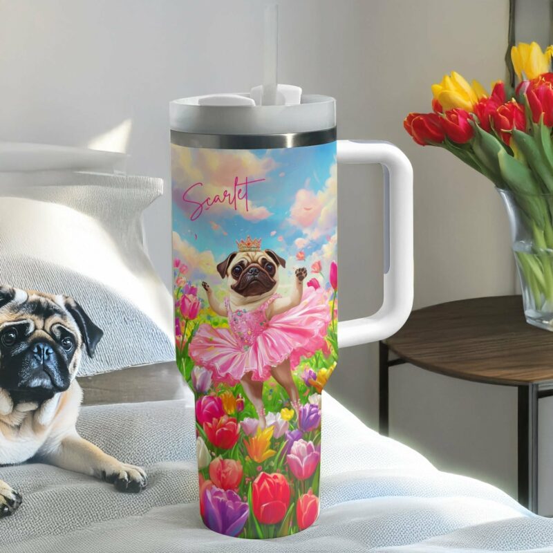 Tulip Pug Dog Ballerina Custom Stanley Quencher 40oz Stainless Steel Tumbler With Handle - Threewoofs - Image 2