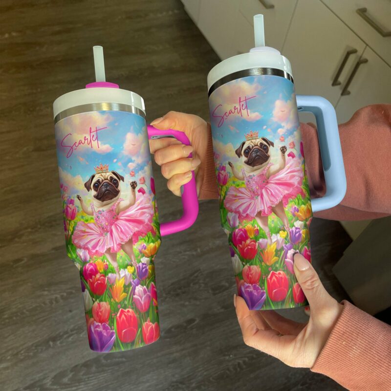 Tulip Pug Dog Ballerina Custom Stanley Quencher 40oz Stainless Steel Tumbler With Handle - Threewoofs - Image 4