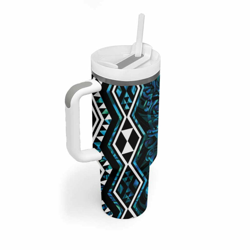 Turquoise Aotearoa Taniko Motifs With Paua Shell Kowhaiwhai Custom Stanley Quencher 40oz Stainless Steel Tumbler With Handle - Threewoofs - Image 2