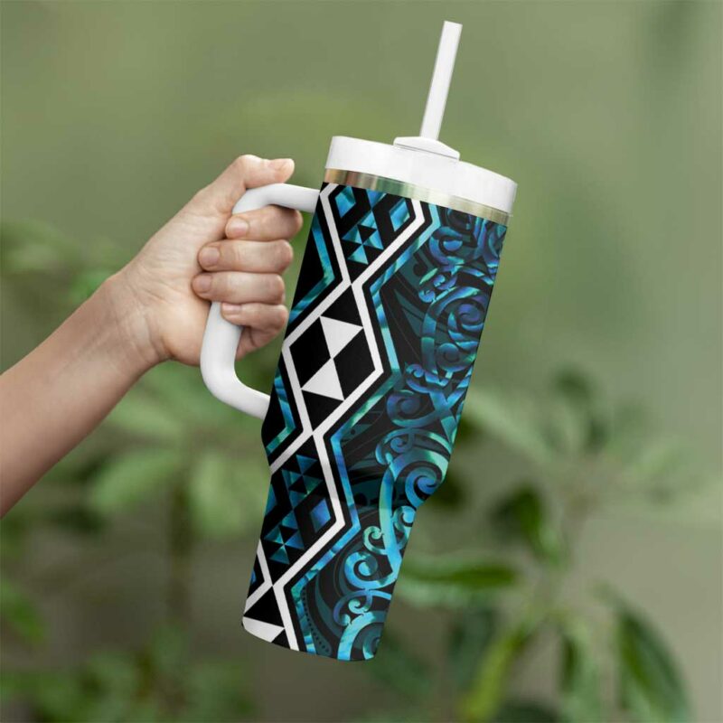 Turquoise Aotearoa Taniko Motifs With Paua Shell Kowhaiwhai Custom Stanley Quencher 40oz Stainless Steel Tumbler With Handle - Threewoofs - Image 3