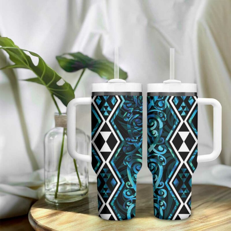 Turquoise Aotearoa Taniko Motifs With Paua Shell Kowhaiwhai Custom Stanley Quencher 40oz Stainless Steel Tumbler With Handle - Threewoofs - Image 9