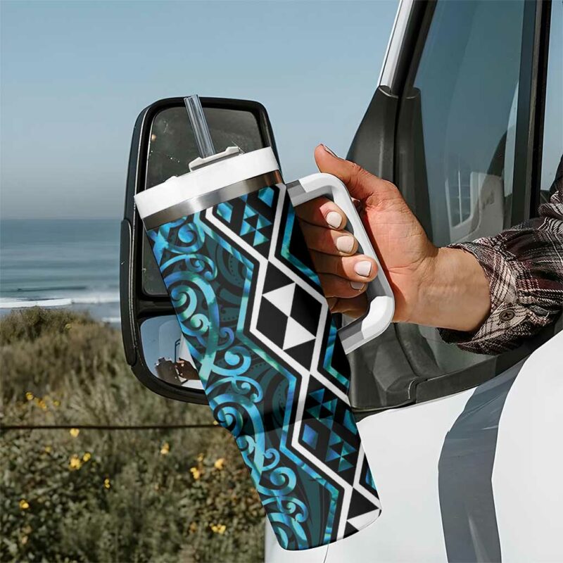 Turquoise Aotearoa Taniko Motifs With Paua Shell Kowhaiwhai Custom Stanley Quencher 40oz Stainless Steel Tumbler With Handle - Threewoofs - Image 7