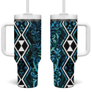 Turquoise Aotearoa Taniko Motifs With Paua Shell Kowhaiwhai Custom Stanley Quencher 40oz Stainless Steel Tumbler With Handle - Threewoofs