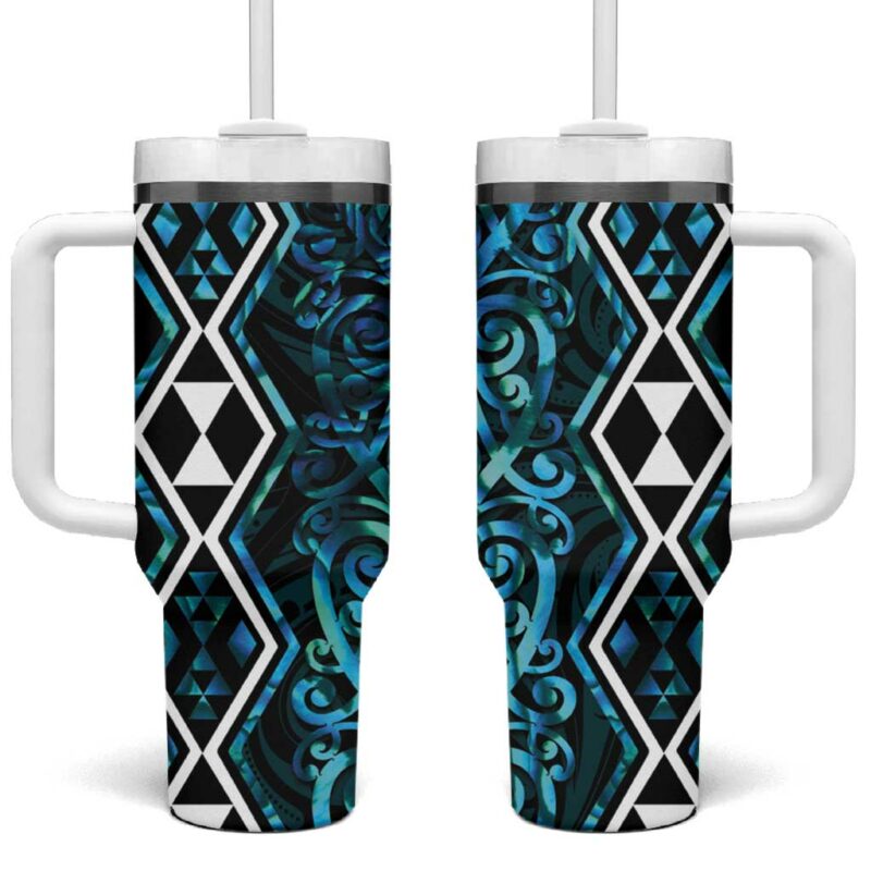 Turquoise Aotearoa Taniko Motifs With Paua Shell Kowhaiwhai Custom Stanley Quencher 40oz Stainless Steel Tumbler With Handle - Threewoofs