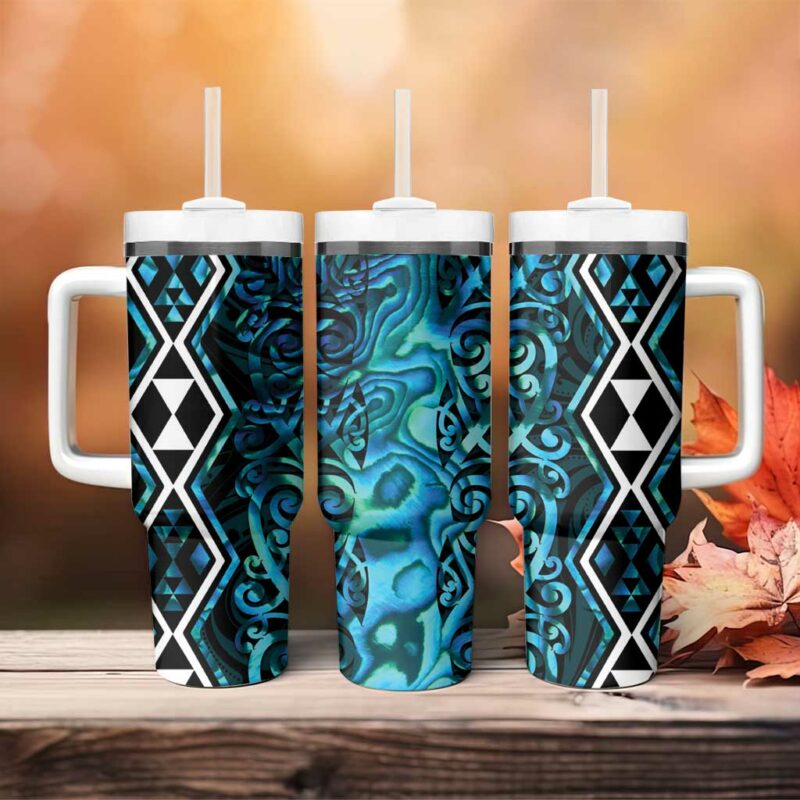 Turquoise Aotearoa Taniko Motifs With Paua Shell Kowhaiwhai Custom Stanley Quencher 40oz Stainless Steel Tumbler With Handle - Threewoofs - Image 4