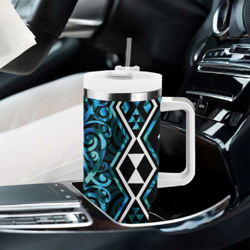 Turquoise Aotearoa Taniko Motifs With Paua Shell Kowhaiwhai Custom Stanley Quencher 40oz Stainless Steel Tumbler With Handle - Threewoofs - Image 8