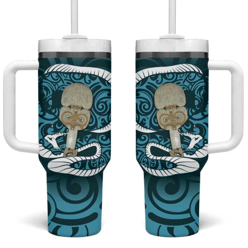 Turquoise New Zealand Eel Aotearoa Maori Tuna With Kotiate Weapon Custom Stanley Quencher 40oz Stainless Steel Tumbler With Handle - Threewoofs