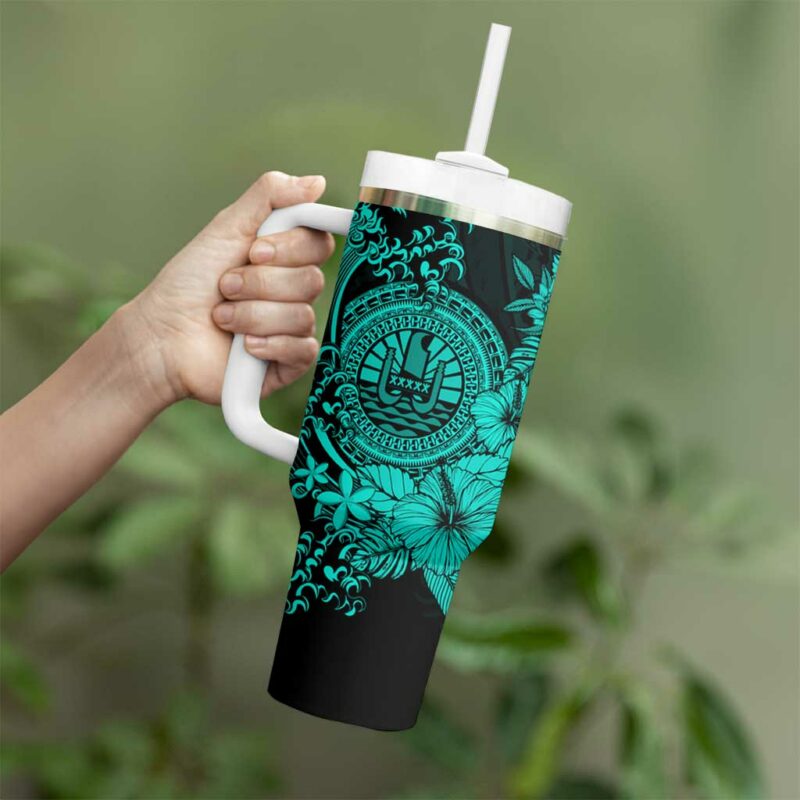 Turquoise Polynesian Tahiti Island The Wave of Water Custom Stanley Quencher 40oz Stainless Steel Tumbler With Handle - Threewoofs - Image 3