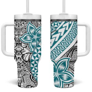 Turquoise Traditional Polynesian Tribal Tattoo Retro Custom Stanley Quencher 40oz Stainless Steel Tumbler With Handle - Threewoofs