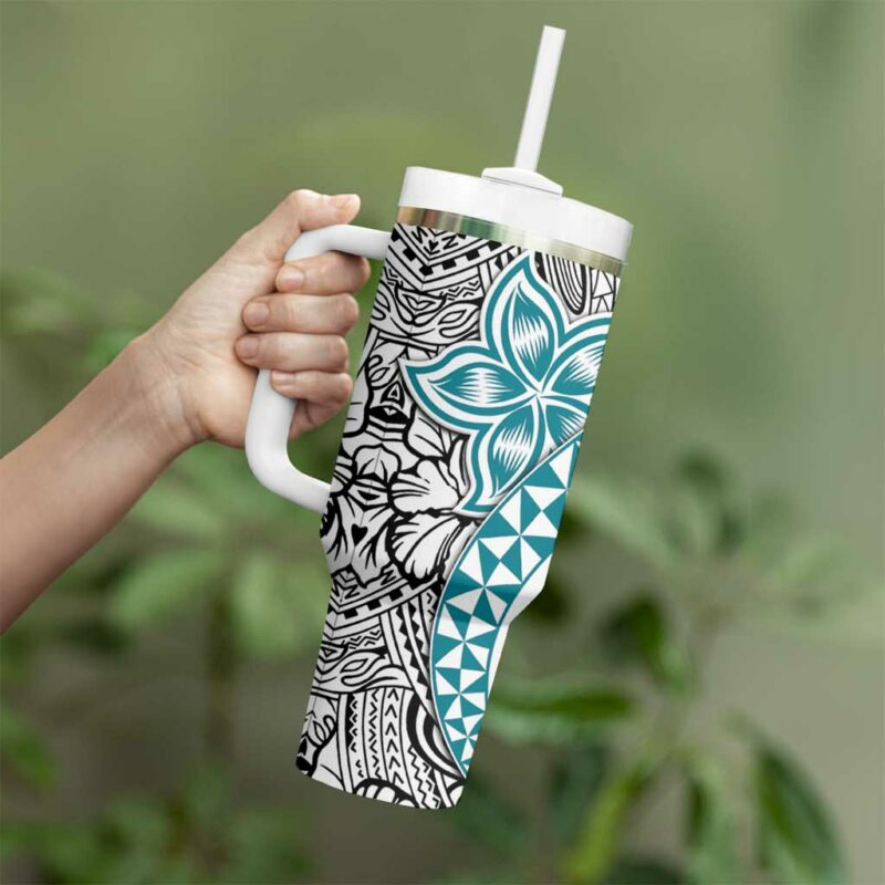 Turquoise Traditional Polynesian Tribal Tattoo Retro Custom Stanley Quencher 40oz Stainless Steel Tumbler With Handle - Threewoofs - Image 3