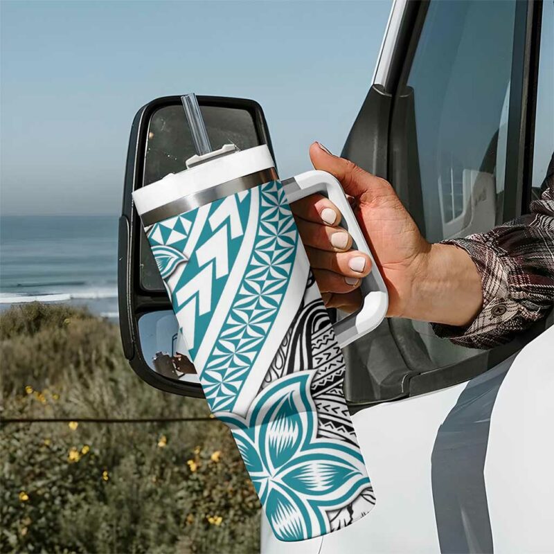 Turquoise Traditional Polynesian Tribal Tattoo Retro Custom Stanley Quencher 40oz Stainless Steel Tumbler With Handle - Threewoofs - Image 7