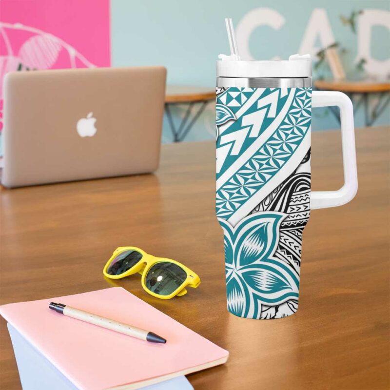 Turquoise Traditional Polynesian Tribal Tattoo Retro Custom Stanley Quencher 40oz Stainless Steel Tumbler With Handle - Threewoofs - Image 5