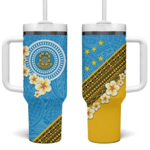 Tuvalu Plumeria Flowers Polynesian Tribal Custom Stanley Quencher 40oz Stainless Steel Tumbler With Handle - Threewoofs