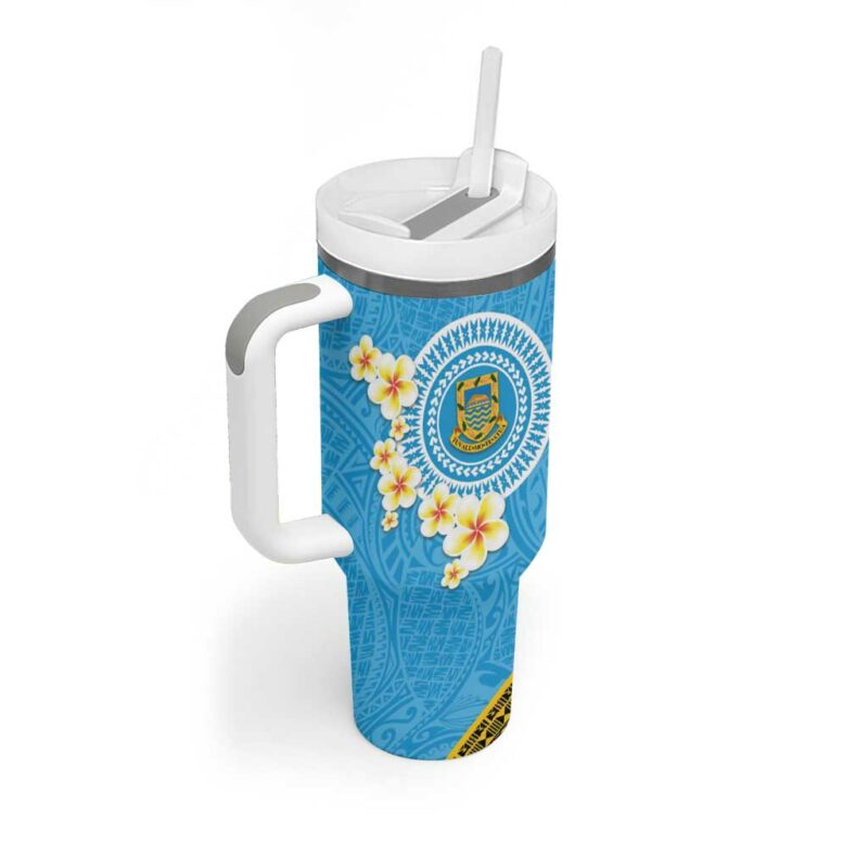 Tuvalu Plumeria Flowers Polynesian Tribal Custom Stanley Quencher 40oz Stainless Steel Tumbler With Handle - Threewoofs - Image 2