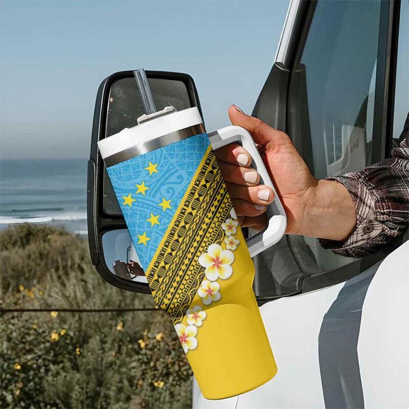 Tuvalu Plumeria Flowers Polynesian Tribal Custom Stanley Quencher 40oz Stainless Steel Tumbler With Handle - Threewoofs - Image 7