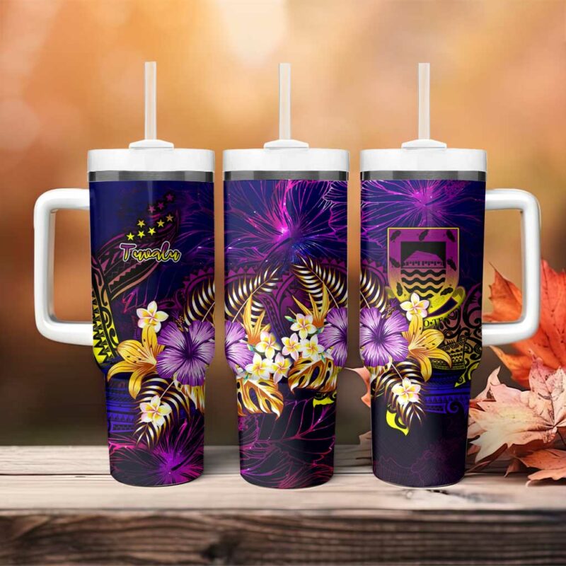 Tuvalu With Whale Hibiscus Custom Stanley Quencher 40oz Stainless Steel Tumbler With Handle - Threewoofs - Image 4