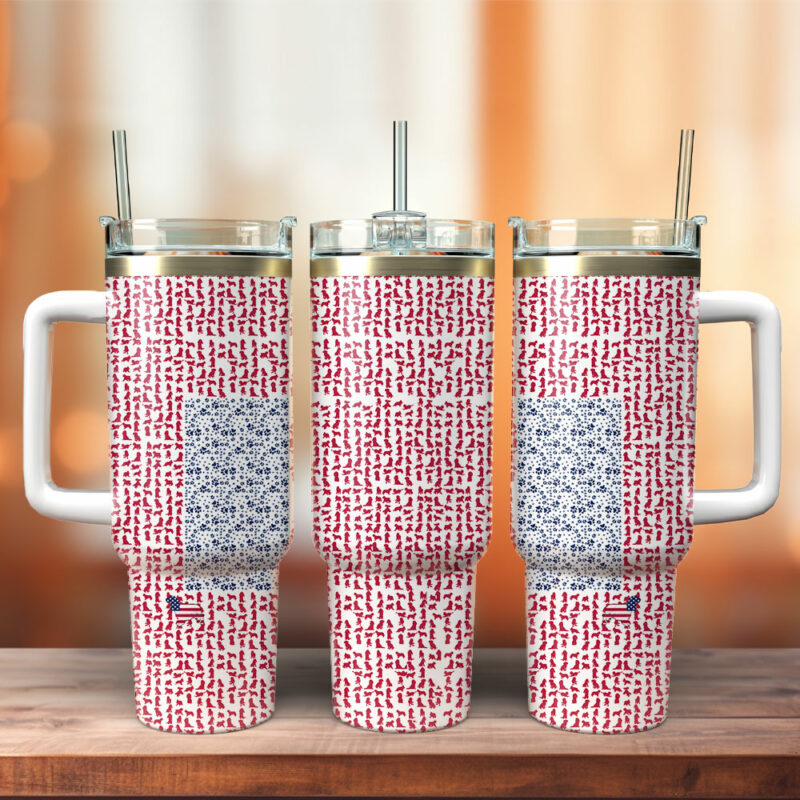 USA Dog Flag Custom Stanley Quencher 40oz Stainless Steel Tumbler With Handle - Threewoofs