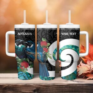 Valentine‚Äôs Day New Zealand Tui Bird Couple Kowhaiwhai Mix Pohutukawa Custom Stanley Quencher 40oz Stainless Steel Tumbler With Handle - Threewoofs