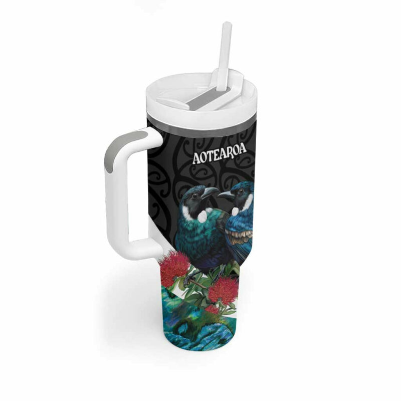 Valentine‚Äôs Day New Zealand Tui Bird Couple Kowhaiwhai Mix Pohutukawa Custom Stanley Quencher 40oz Stainless Steel Tumbler With Handle - Threewoofs - Image 3